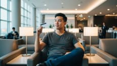 A man sitting an in airport lounge as an economy flyer due to his credit card. 