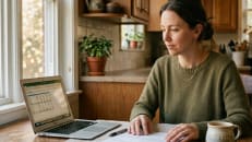 Homeowner reviewing home insurance costs and paperwork at the kitchen table to compare average premiums for 2026.