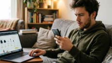 Young man reviewing multiple Buy Now Pay Later balances on his phone and laptop to explore BNPL debt consolidation options.