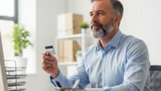 A man sitting at his desk deciding between Buy Now, Pay Later options vs credit cards. 