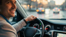 An uber driver driving with his rideshare insurance. 