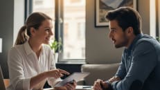 A man speaking to a financial expert about navigating interest rates for business loans.