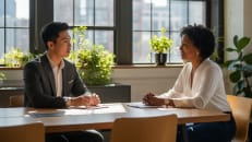 A nonprofit business owner talking to a financial expert about business loans for nonprofits. 