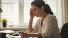 A woman sitting at her desk being worried about how her minimum credit card payments are hurting her finances.