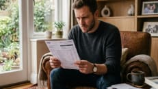 Credit card owner reviewing credit card fine print and terms.