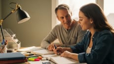 A man sitting with his high-school daughter trying to decide if he should use his credit card for back-to-school spending.