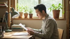 A man sitting at his desk learning about his credit score range and what it means.