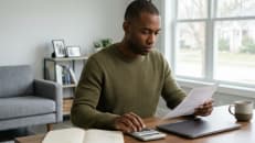 A man calculating his debt to income ratio to manage his finances.