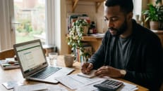 Self-employed worker reviewing documents for debt consolidation.