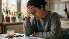 A woman that is worried because she's been denied a debt consolidation loan.