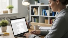 A woman filing a tax extension online. 