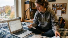 College student reviewing monthly expenses and budget.