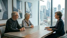 An elderly couple discussing a home equity loan vs. line of credit with a mortgage lender.