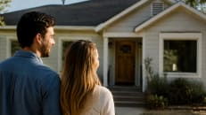 Couple standing in front of their first home.