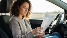 A woman looking at a car insurance contract. 
