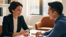 A woman from a Mortgage lender explaining to a buyer what mortgage insurance is. 