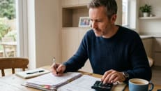 Homeowner calculating the cost to refinance a mortgage.