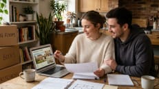 A young couple researching weather they can buy a house if they have student loans.