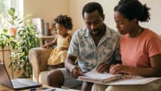 Couple reviewing multiple life insurance policies together at home.