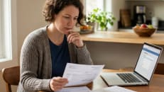Person reviewing a medical bill and insurance documents at home to understand how to pay medical bills with insurance.