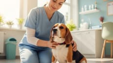 Veterinarian in blue scrubs examining a beagle dog in a modern veterinary clinic, illustrating the importance of understanding pet insurance coverage.