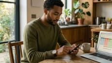 Young person setting up automatic savings transfers on a banking app to practice reverse budgeting and pay themselves first.