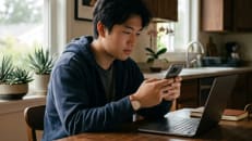 Man checking AI banking features on his phone at home.