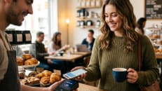 A woman using tap to pay. 