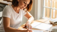 A woman using proven tax strategies to legally reduce her tax burden. 