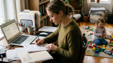 A young parent reviewing term life insurance options at home with their child nearby..