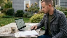 Veteran reviewing VA loan paperwork and comparing mortgage rates at an outdoor table.