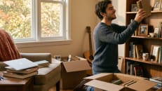 Male renter unpacking boxes while setting up renters insurance coverage in his new apartment.