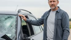 A man being grateful that he has gap insurance after his car got damanged in an accident.