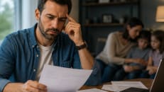 A man with a young family contemplating using family savings vs. a life insurance policy.