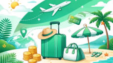 Flat-style illustration of a summer travel scene with luggage, an airplane, a beach umbrella, palm tree, credit card, and coins, using green and white tones to represent travel spending and vacation planning.