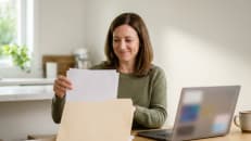 Woman at her kitchen table organizing loose papers into one folder to consolidate debt