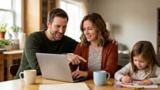 Parents making a will online at their kitchen table while their young daughter draws beside them