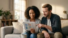 Couple on their sofa comparing personal loan refinance offers on a tablet.