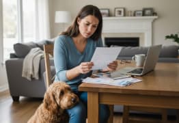 A woman sitting at her desk looking at her denied pet insurance claim. 