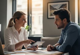A man speaking to a financial expert about navigating interest rates for business loans.