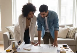 A man and woman planning their home improvement project. 