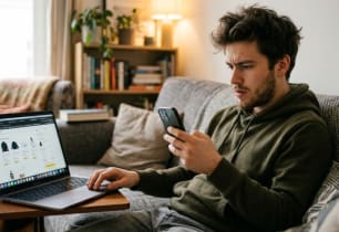 Young man reviewing multiple Buy Now Pay Later balances on his phone and laptop to explore BNPL debt consolidation options.