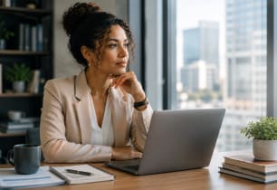 Consultant working at a laptop in a modern office while considering commercial insurance coverage.