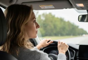 A woman driving her car with the necessary car insurance add-ons.