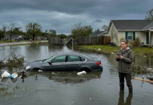 A woman contacting her car insurance provider after a rain storm. 