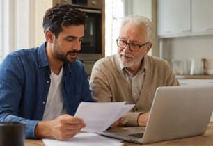 Two people reviewing paperwork together while discussing a cosigner for a debt consolidation loan.