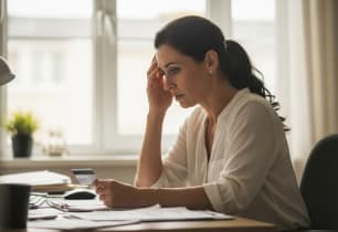A woman sitting at her desk being worried about how her minimum credit card payments are hurting her finances.