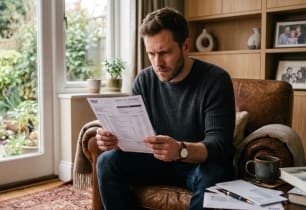 Credit card owner reviewing credit card fine print and terms.
