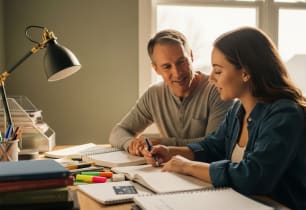 A man sitting with his high-school daughter trying to decide if he should use his credit card for back-to-school spending.