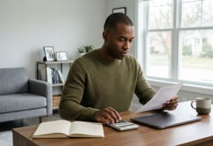 A man calculating his debt to income ratio to manage his finances.